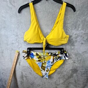 Pick Pink Womens Yellow Tie Front Bikini Set Tropical Floral Bottoms M Boho